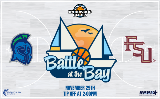 Graphic of basketball court with text: "Pensacola Hardwood Series. Battle at the Bay. November 29th. Tip off at 2:00 p.m. Argonaut mascot is on the left side of the court and FSU logo is on the right side. Pensacola Bay Center and Russ Potts Production logos are small at the bottom.