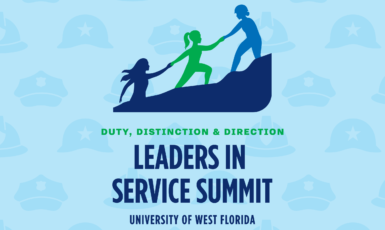 Text: Duty, Distinction & Direction. Leaders in Service Summit. University of West Florida. Graphic: A person pulling another person who is pulling another person up a hill. Background has service hats.