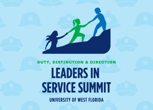 Text: Duty, Distinction & Direction. Leaders in Service Summit. University of West Florida. Graphic: A person pulling another person who is pulling another person up a hill. Background has service hats.