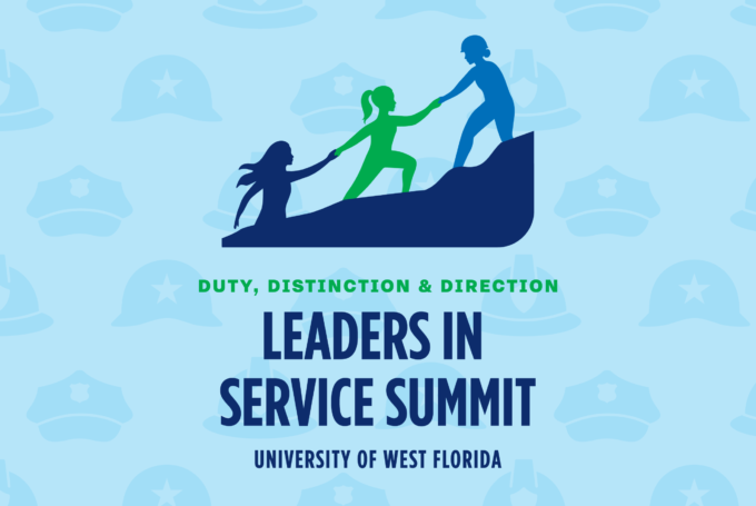 Text: Duty, Distinction & Direction. Leaders in Service Summit. University of West Florida. Graphic: A person pulling another person who is pulling another person up a hill. Background has service hats.