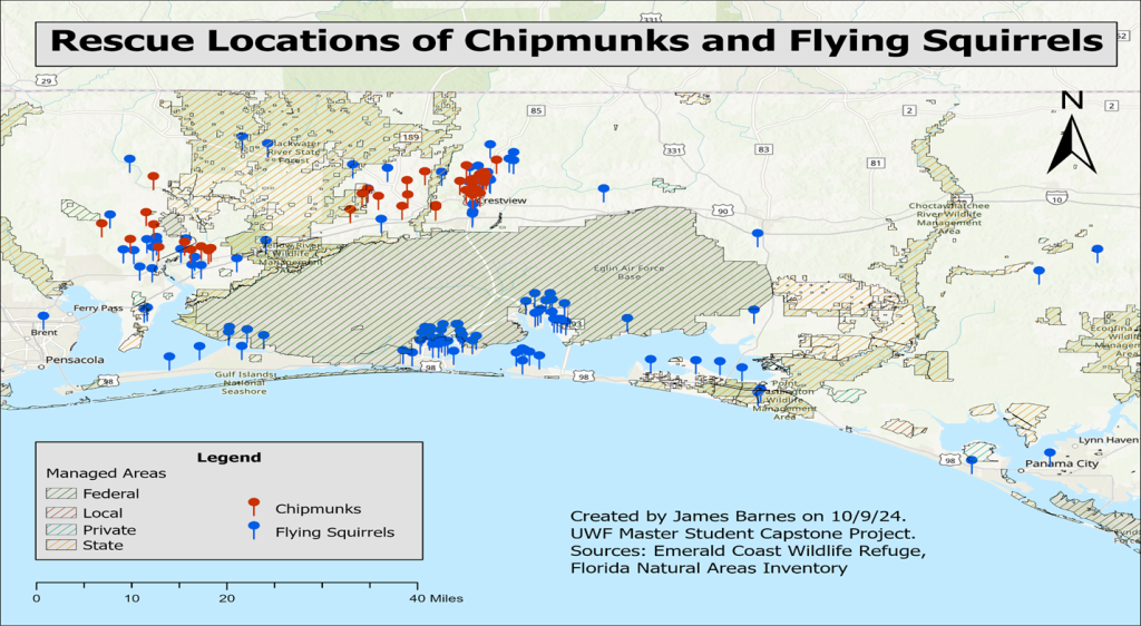Map showcasing the rescue locations of chipmunks and flying squirrels in the Florida panhandle. Created by James Barnes on 10/9/24. UWF Master Student Capstone Project. Sources: Emerald Coast Wildlife Refuge, Florida Natural Areas Inventory