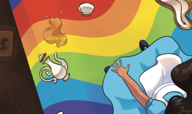 Art rendering of overhead view of Alice in Wonderland in a blue dress standing on a rainbow with a Queen of Hearts card, teapot and melting clock.