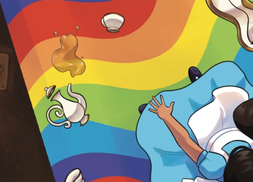 Art rendering of overhead view of Alice in Wonderland in a blue dress standing on a rainbow with a Queen of Hearts card, teapot and melting clock.