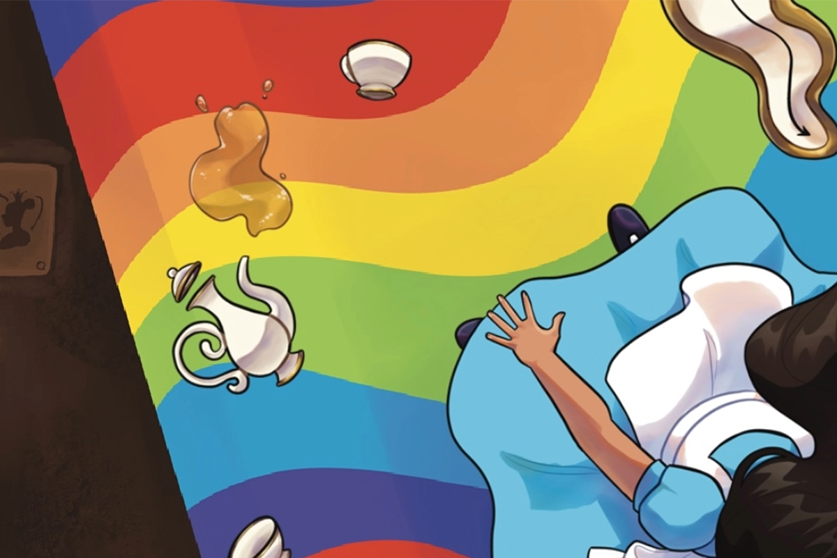 Art rendering of overhead view of Alice in Wonderland in a blue dress standing on a rainbow with a Queen of Hearts card, teapot and melting clock.