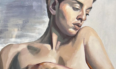 Painting of a person from the shoulders up, eyes closing, head leaning to one side, arms crossed over chest.