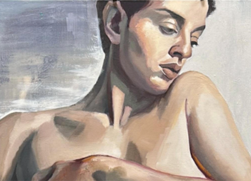 Painting of a person from the shoulders up, eyes closing, head leaning to one side, arms crossed over chest.