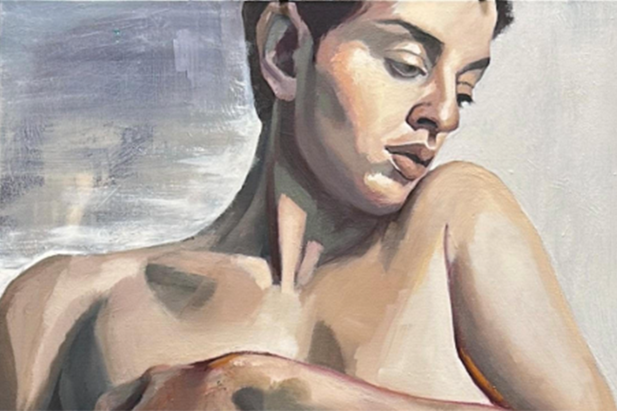 Painting of a person from the shoulders up, eyes closing, head leaning to one side, arms crossed over chest.