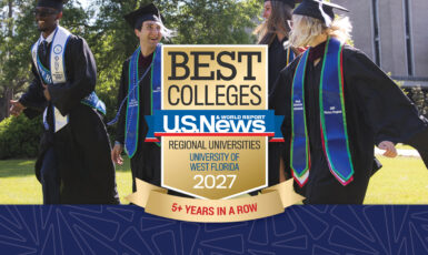 Badge with text: "Best Colleges U.S. News and World Report. Regional Universities. University of West Florida. 2027. 5+ years in a row." Bakground photo has four graduates laughing and running with each other across the Cannon Green.