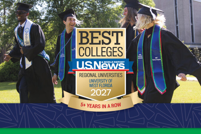 Badge with text: "Best Colleges U.S. News and World Report. Regional Universities. University of West Florida. 2027. 5+ years in a row." Bakground photo has four graduates laughing and running with each other across the Cannon Green.