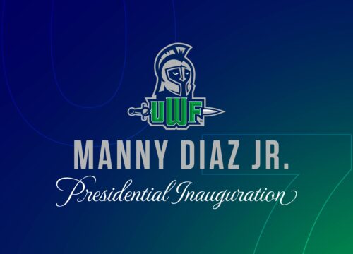 Graphic with UWF Presidential logo of Argie with sword through UWF. Color navy blue fades to green. 07 in the background. Text: Manny Diaz Jr. Presidential Inauguration."