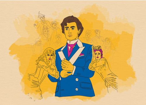 Artwork of a gentleman standing with a lady on each side and other characters in the background
