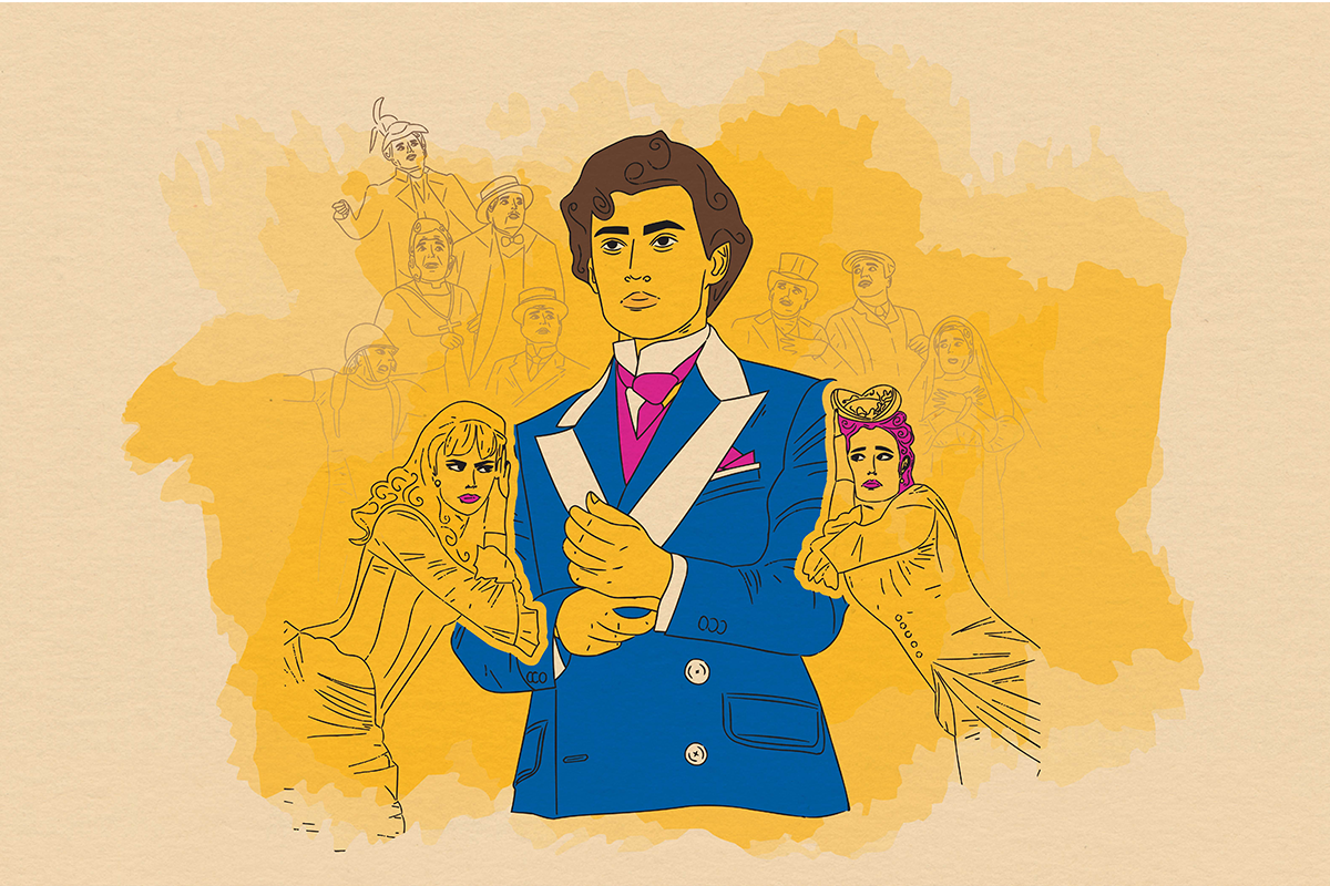 Artwork of a gentleman standing with a lady on each side and other characters in the background